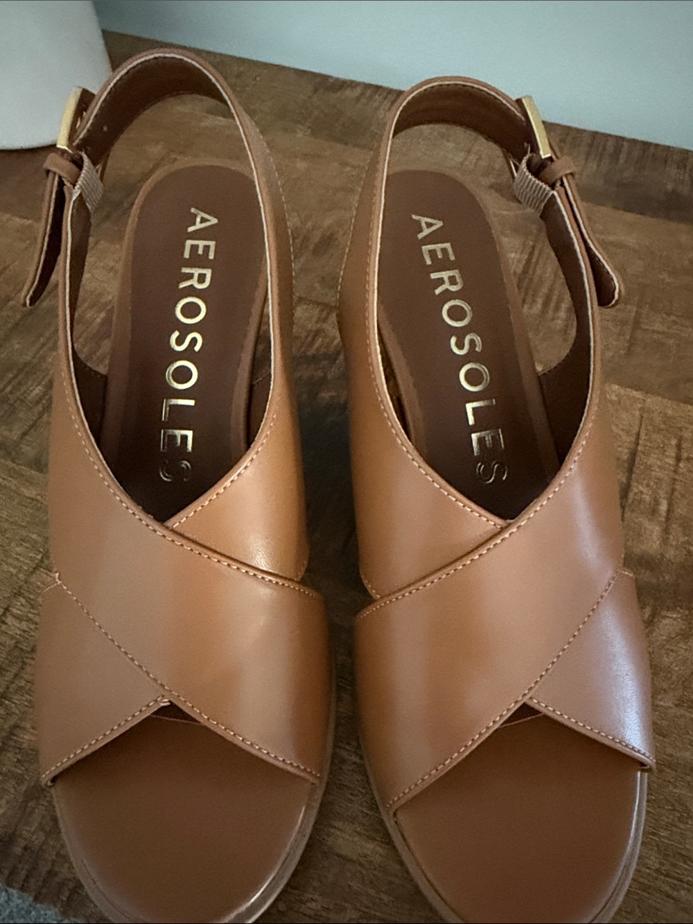 AEROSOLES Cognac Cross-Strap Slingback Heels - Picture 2 of 8